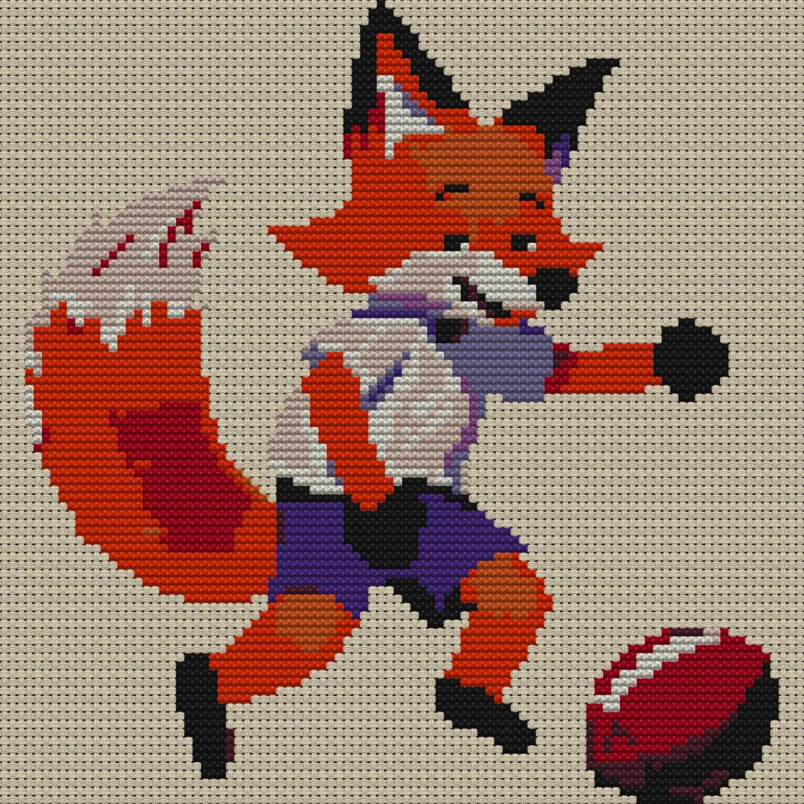 funny-fox-football full cross stitch design mockup without frame, realistic embroidery preview