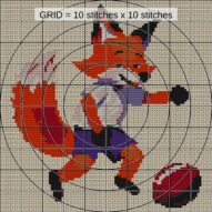 funny-fox-football close-up cross stitch detail showing color changes, confetti areas and stitch texture