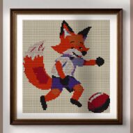 funny-fox-football alternative framed cross stitch mockup, realistic finished embroidery presentation