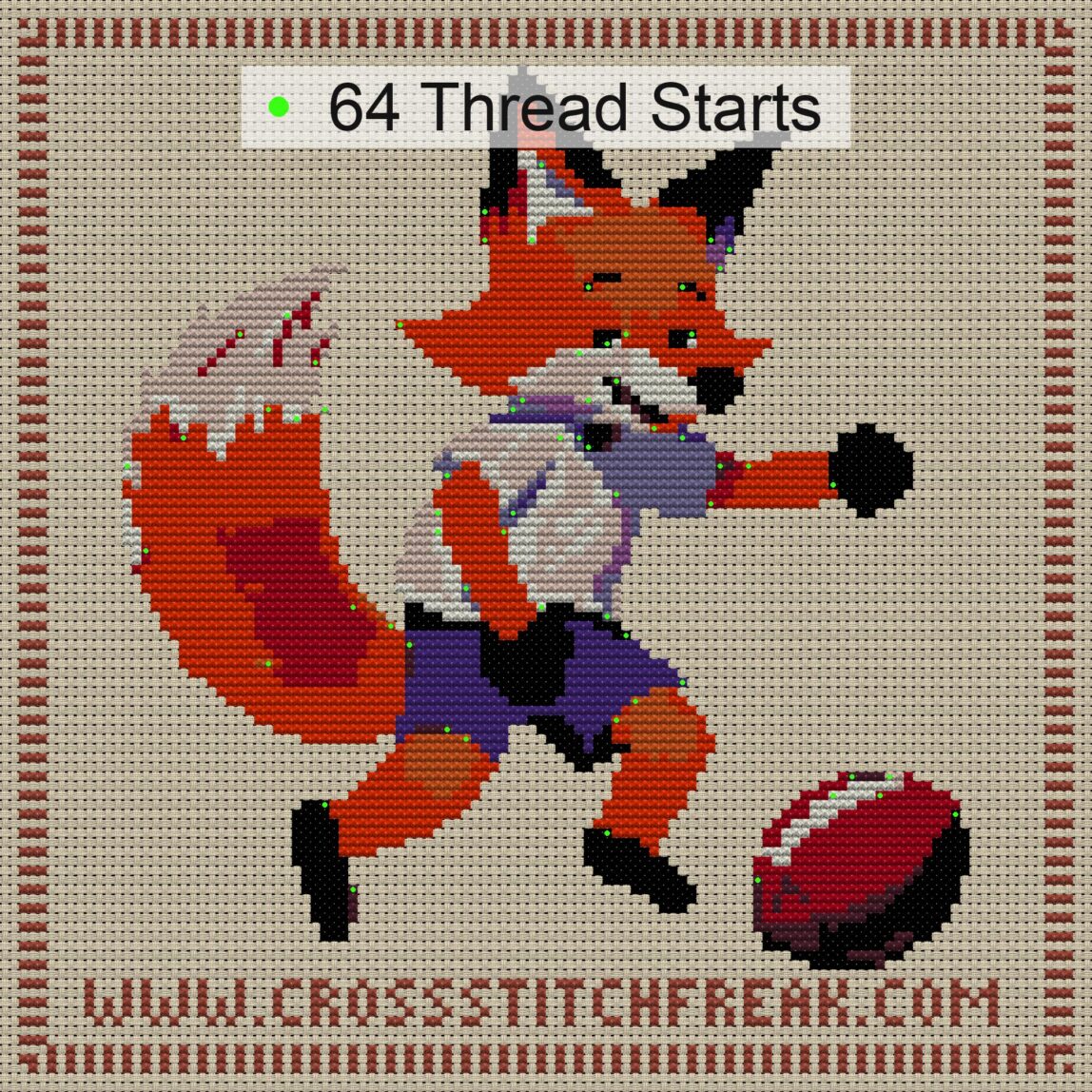 funny-fox-football cross stitch start point map with highlighted thread start positions in the full design
