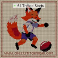 funny-fox-football cross stitch start point map with highlighted thread start positions in the full design