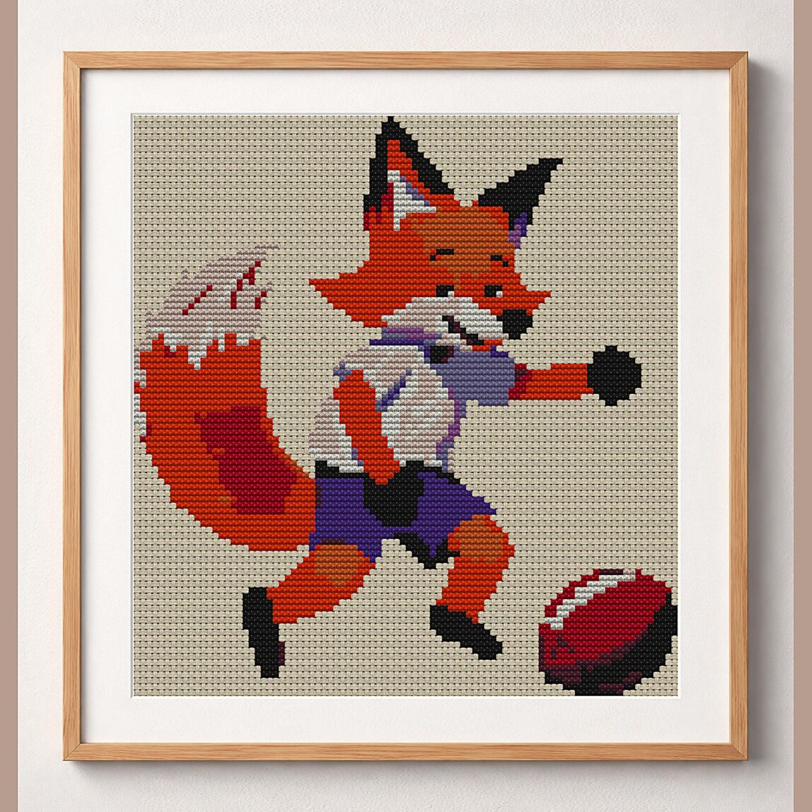 funny-fox-football framed cross stitch mockup, realistic finished embroidery design, PDF pattern digital download