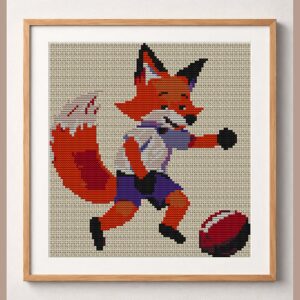 funny-fox-football framed cross stitch mockup, realistic finished embroidery design, PDF pattern digital download