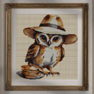 owl-pancakes alternative framed cross stitch mockup, realistic finished embroidery presentation