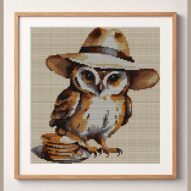 owl-pancakes framed cross stitch mockup, realistic finished embroidery design, PDF pattern digital download