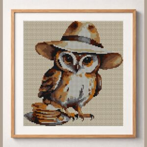 owl-pancakes framed cross stitch mockup, realistic finished embroidery design, PDF pattern digital download