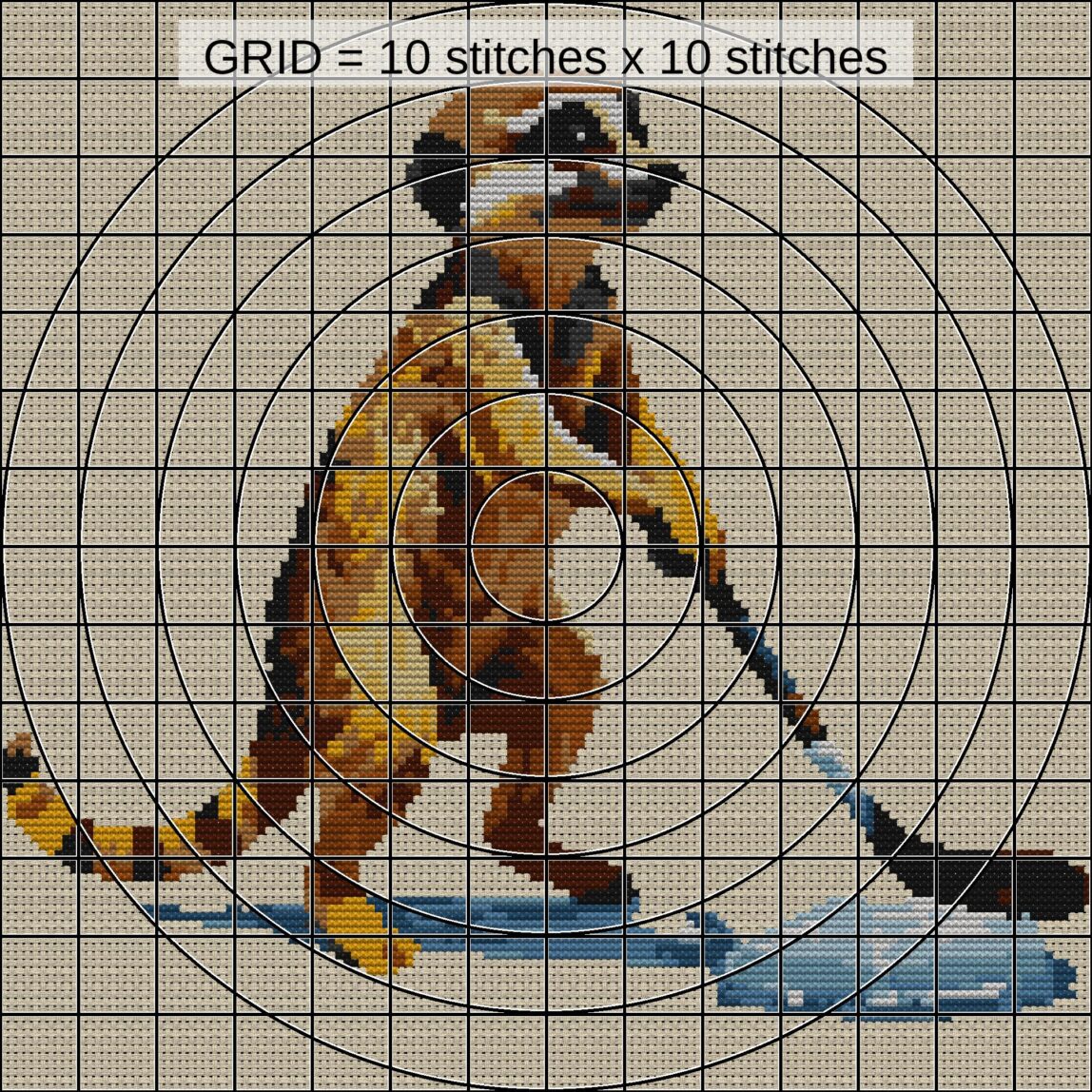 meerkat-hockey zoomed stitching detail meerkat-hockey close-up cross stitch detail showing color changes, confetti areas and stitch texture