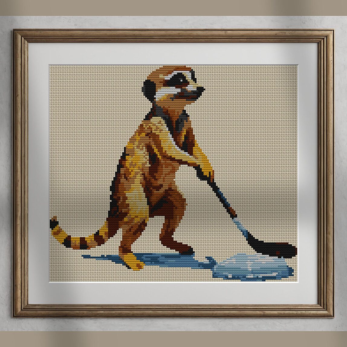 meerkat-hockey alternative framed mockup meerkat-hockey alternative framed cross stitch mockup, realistic finished embroidery presentation