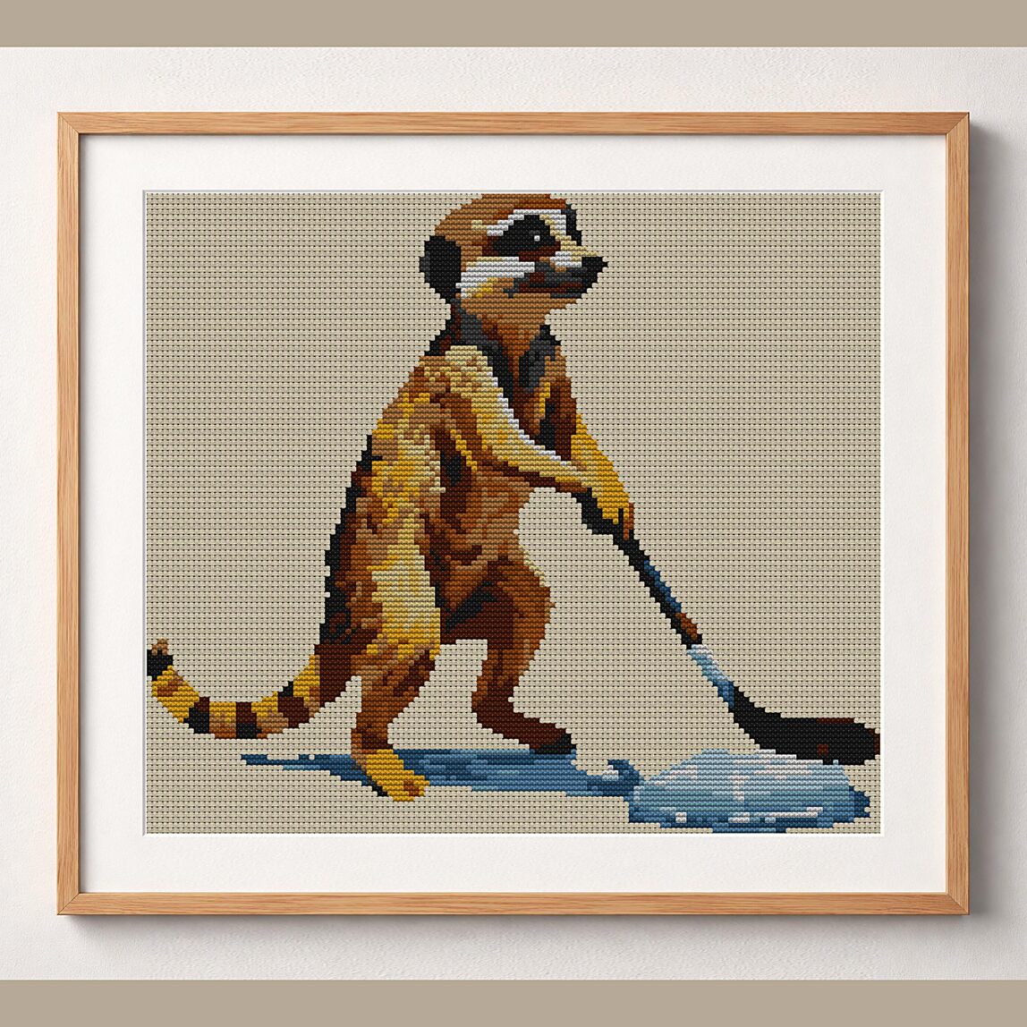 meerkat-hockey framed cross stitch mockup meerkat-hockey framed cross stitch mockup, realistic finished embroidery design, PDF pattern digital download