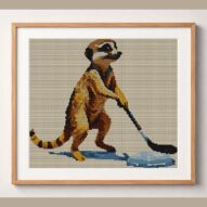 meerkat-hockey framed cross stitch mockup, realistic finished embroidery design, PDF pattern digital download