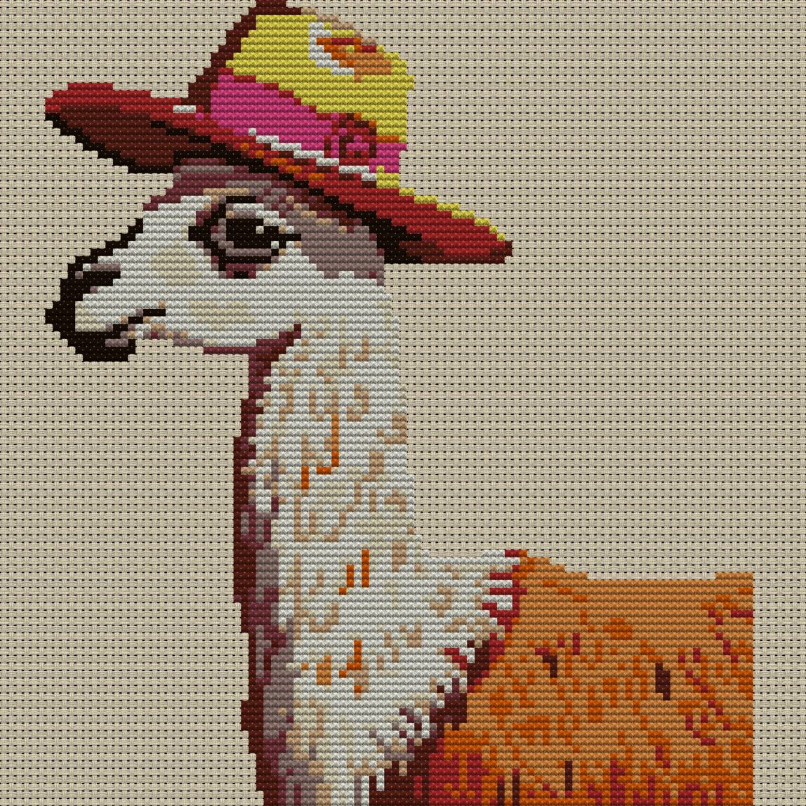 llama-sombrero full cross stitch design mockup without frame, realistic embroidery preview