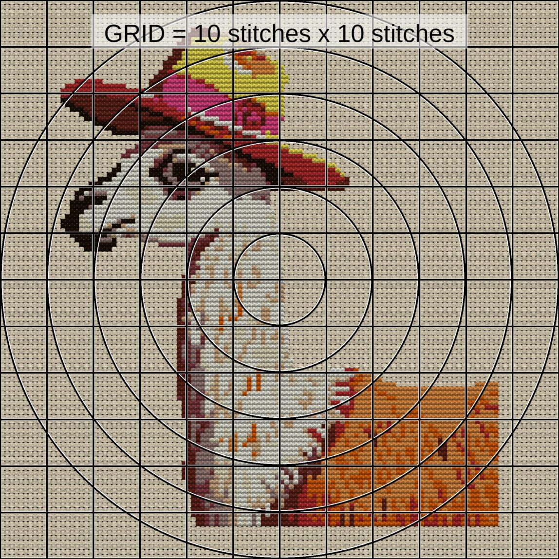 llama-sombrero close-up cross stitch detail showing color changes, confetti areas and stitch texture