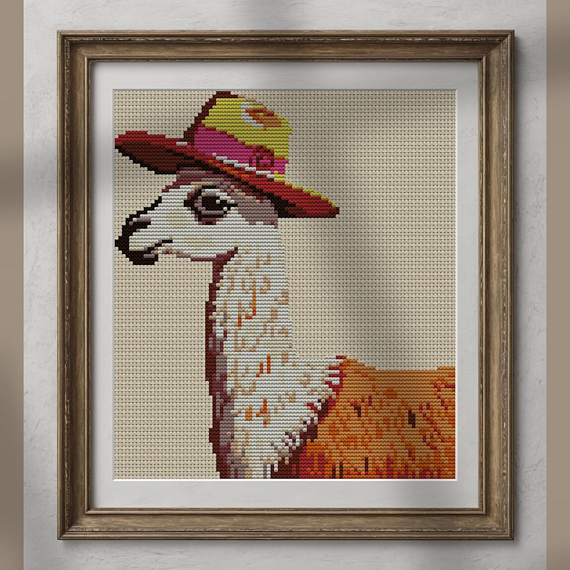 llama-sombrero alternative framed cross stitch mockup, realistic finished embroidery presentation