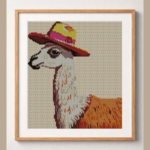 llama-sombrero framed cross stitch mockup, realistic finished embroidery design, PDF pattern digital download