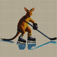 kangaroo-hockey full cross stitch design mockup without frame, realistic embroidery preview