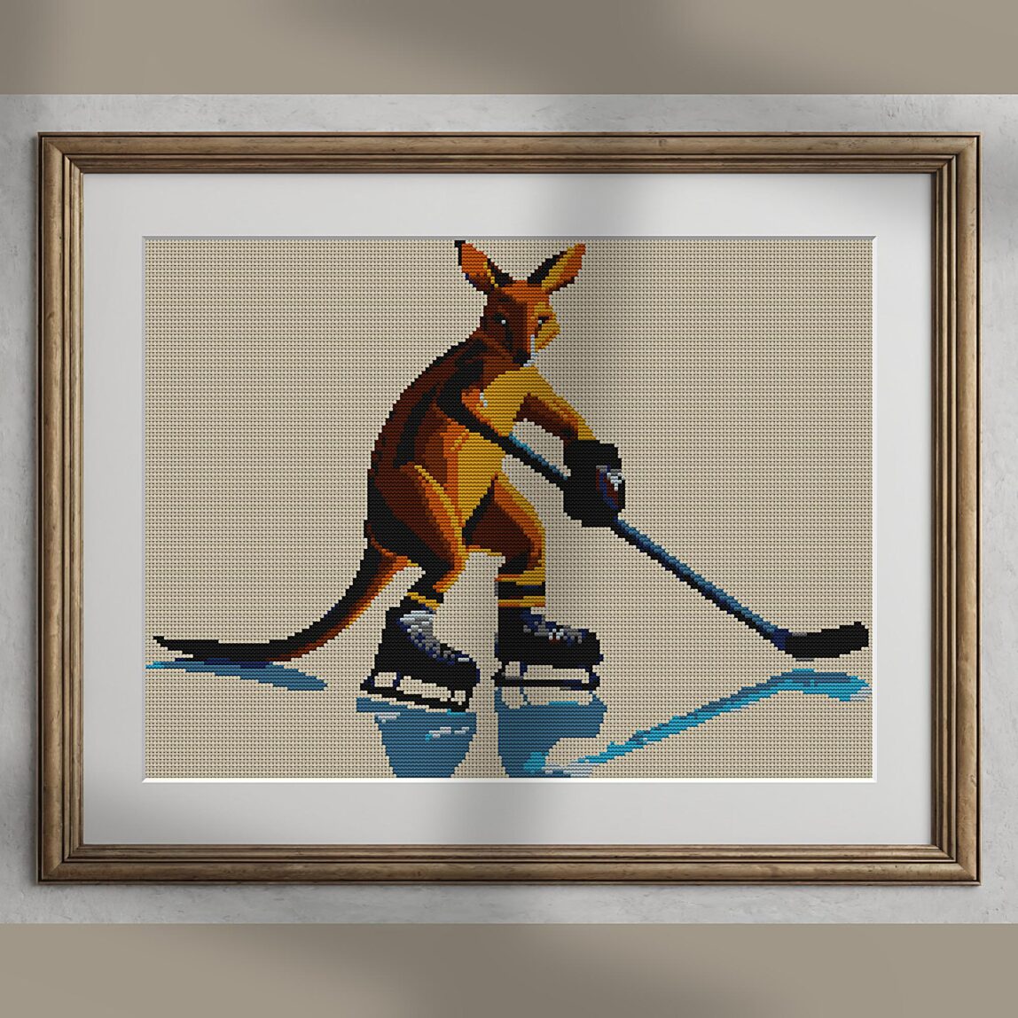 kangaroo-hockey alternative framed mockup kangaroo-hockey alternative framed cross stitch mockup, realistic finished embroidery presentation