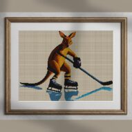 kangaroo-hockey alternative framed cross stitch mockup, realistic finished embroidery presentation