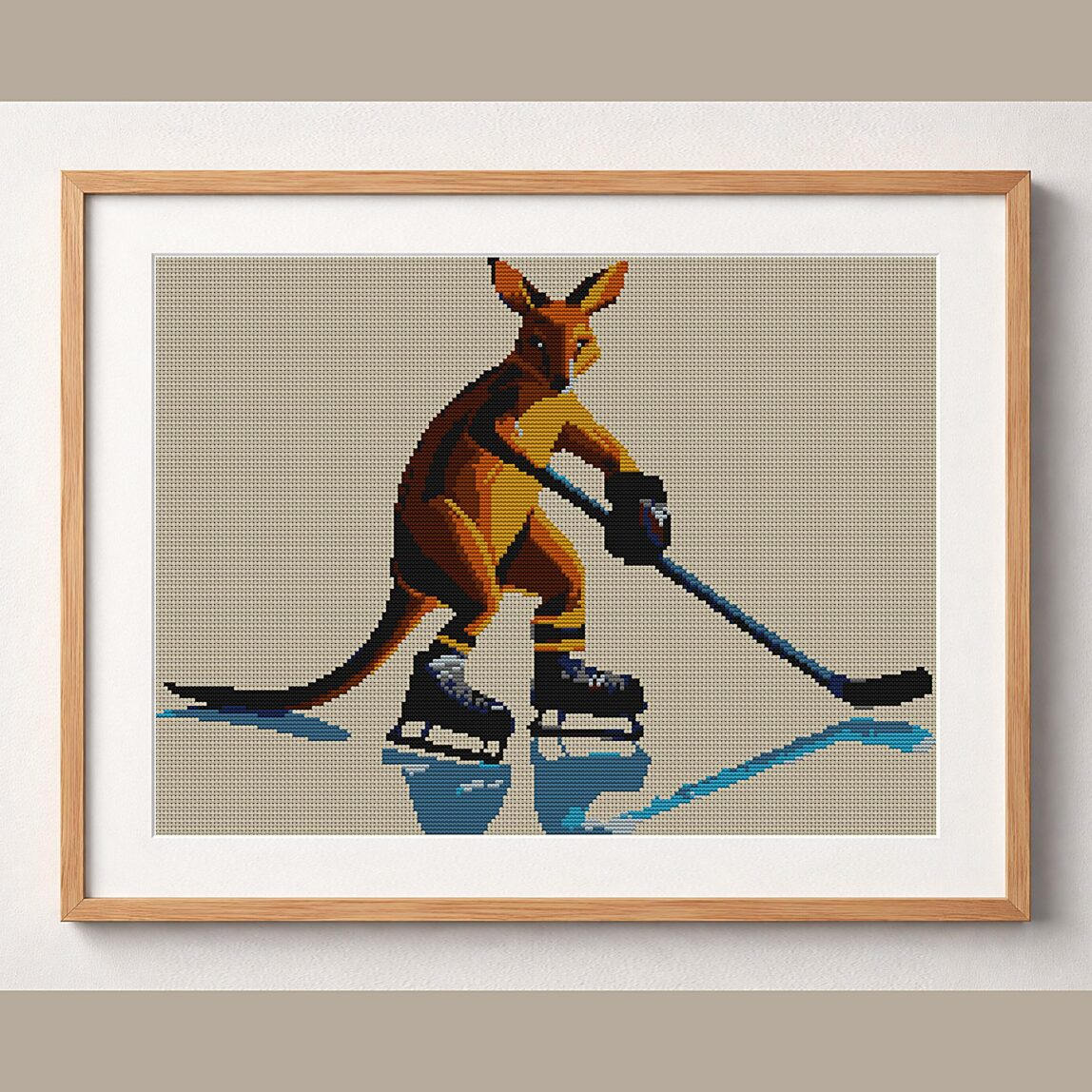 kangaroo-hockey framed cross stitch mockup kangaroo-hockey framed cross stitch mockup, realistic finished embroidery design, PDF pattern digital download