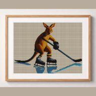kangaroo-hockey framed cross stitch mockup, realistic finished embroidery design, PDF pattern digital download