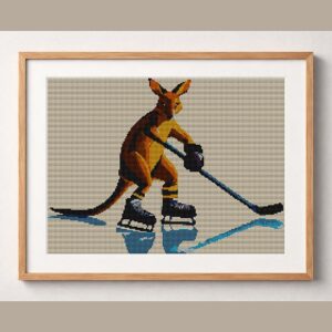kangaroo-hockey framed cross stitch mockup, realistic finished embroidery design, PDF pattern digital download