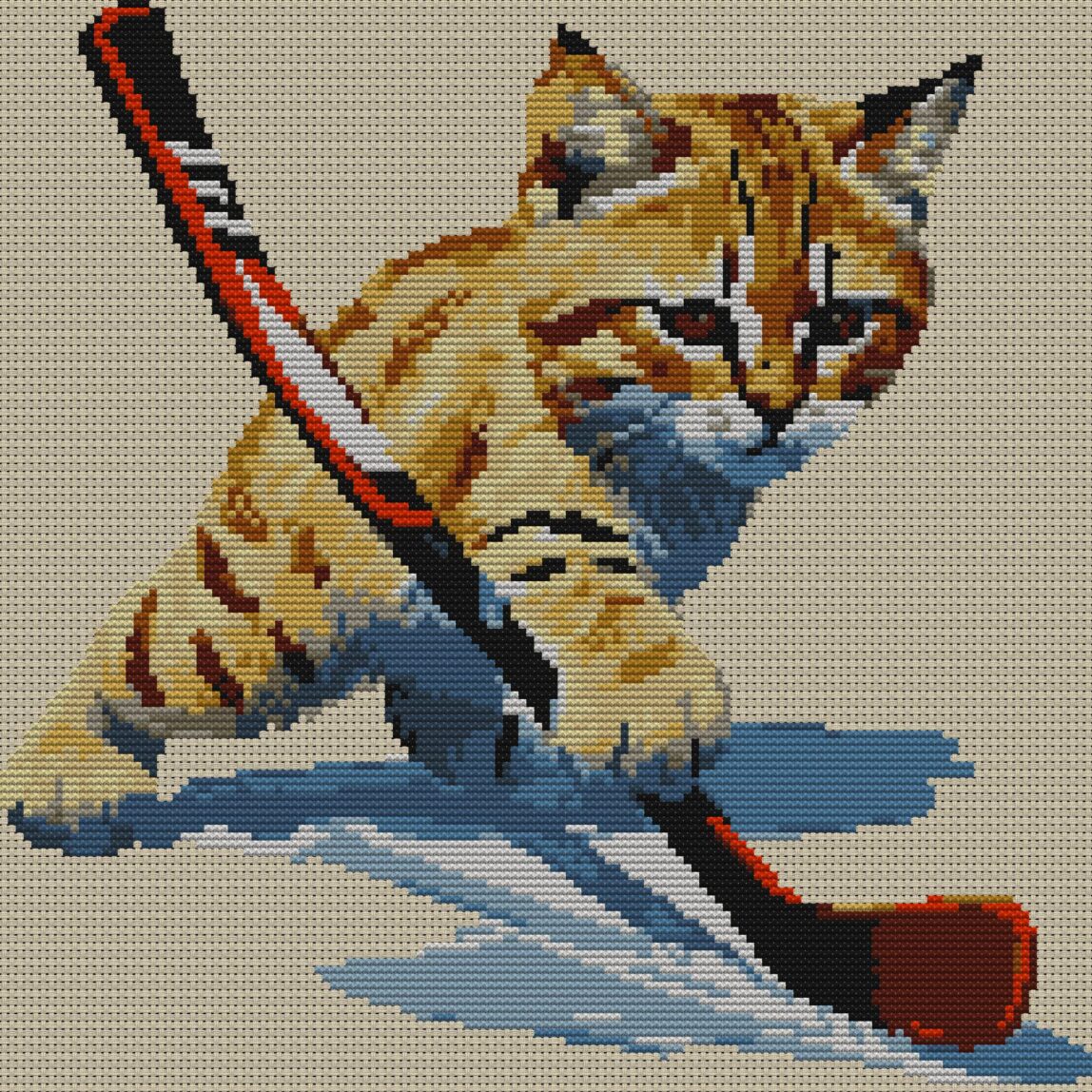 cat-hockey full cross stitch design mockup without frame, realistic embroidery preview