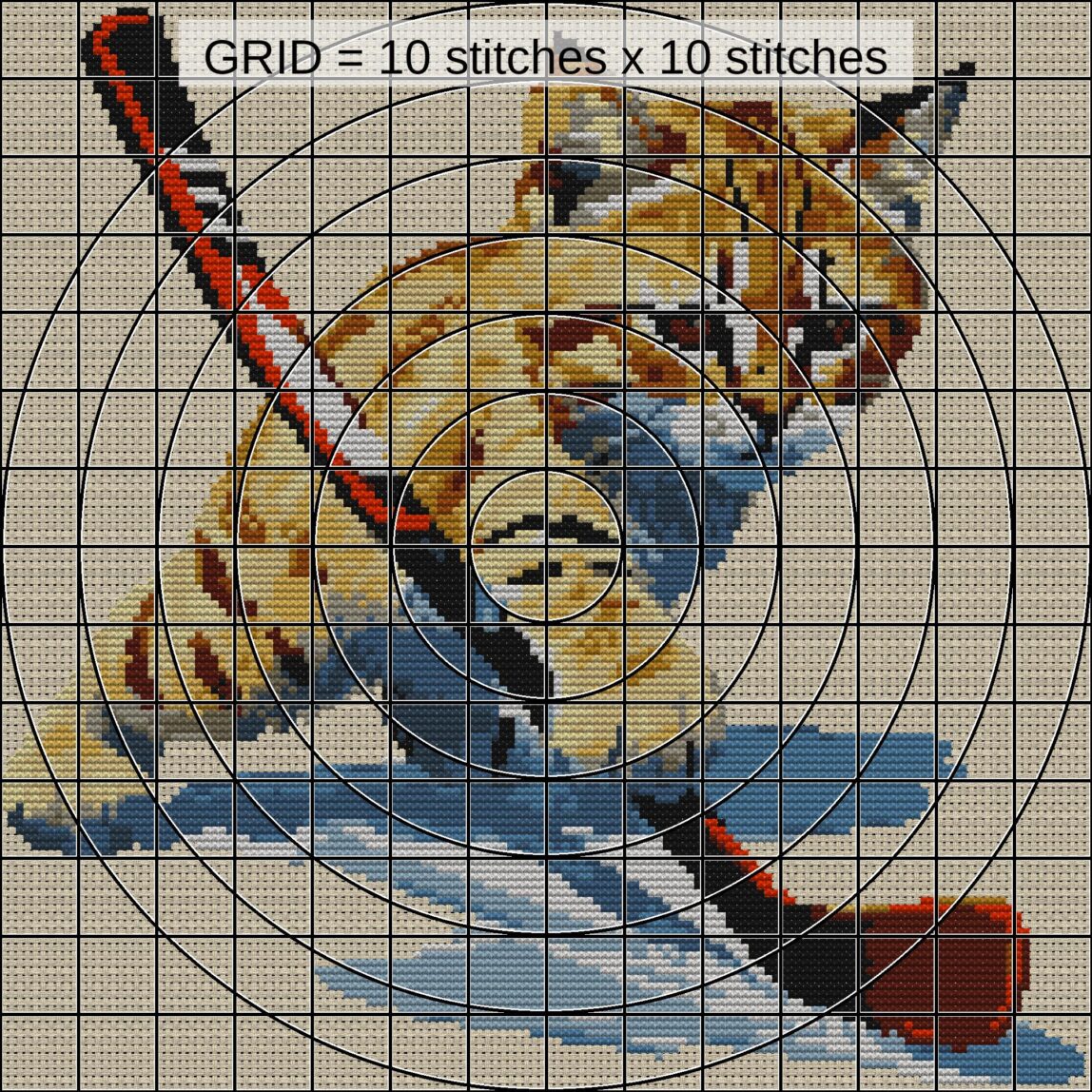 cat-hockey close-up cross stitch detail showing color changes, confetti areas and stitch texture