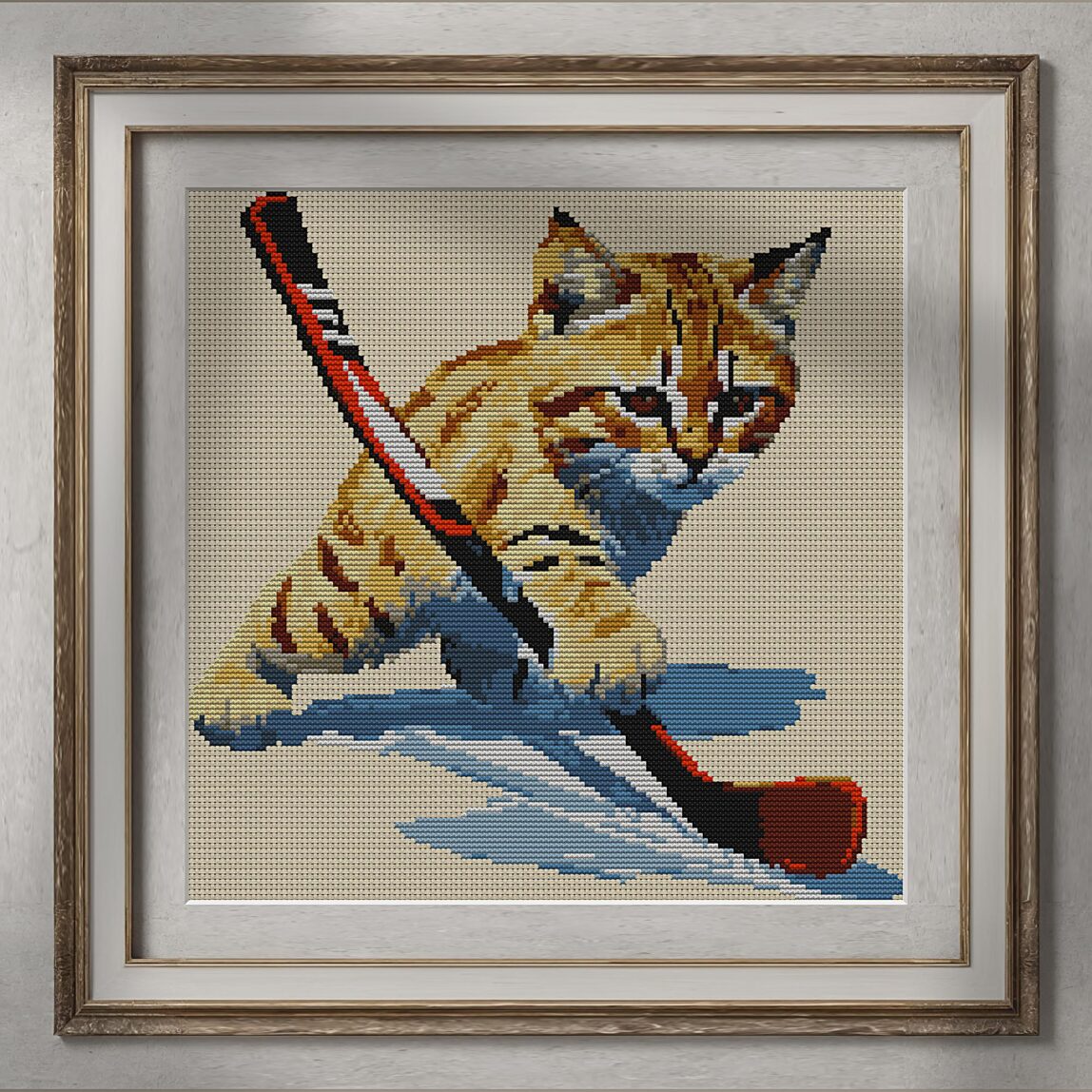 cat-hockey alternative framed cross stitch mockup, realistic finished embroidery presentation