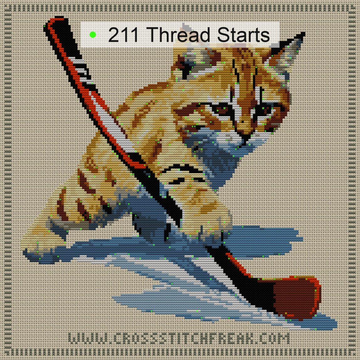 cat-hockey cross stitch start point map with highlighted thread start positions in the full design