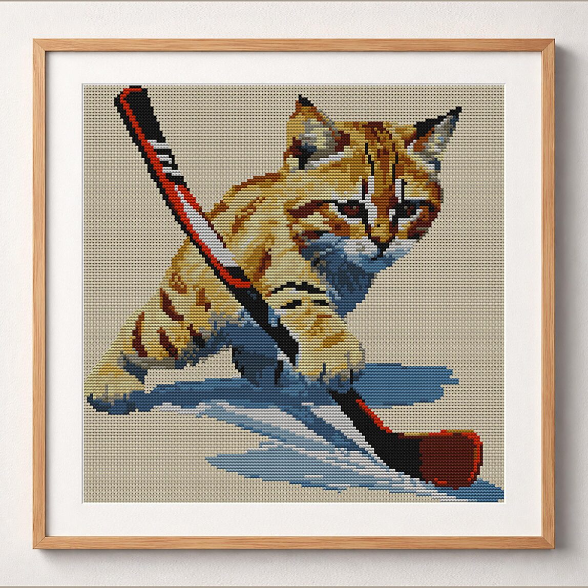 cat-hockey framed cross stitch mockup, realistic finished embroidery design, PDF pattern digital download