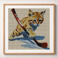 cat-hockey framed cross stitch mockup, realistic finished embroidery design, PDF pattern digital download