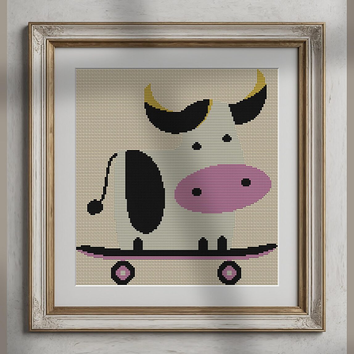 born-to-skate alternative framed cross stitch mockup, realistic finished embroidery presentation