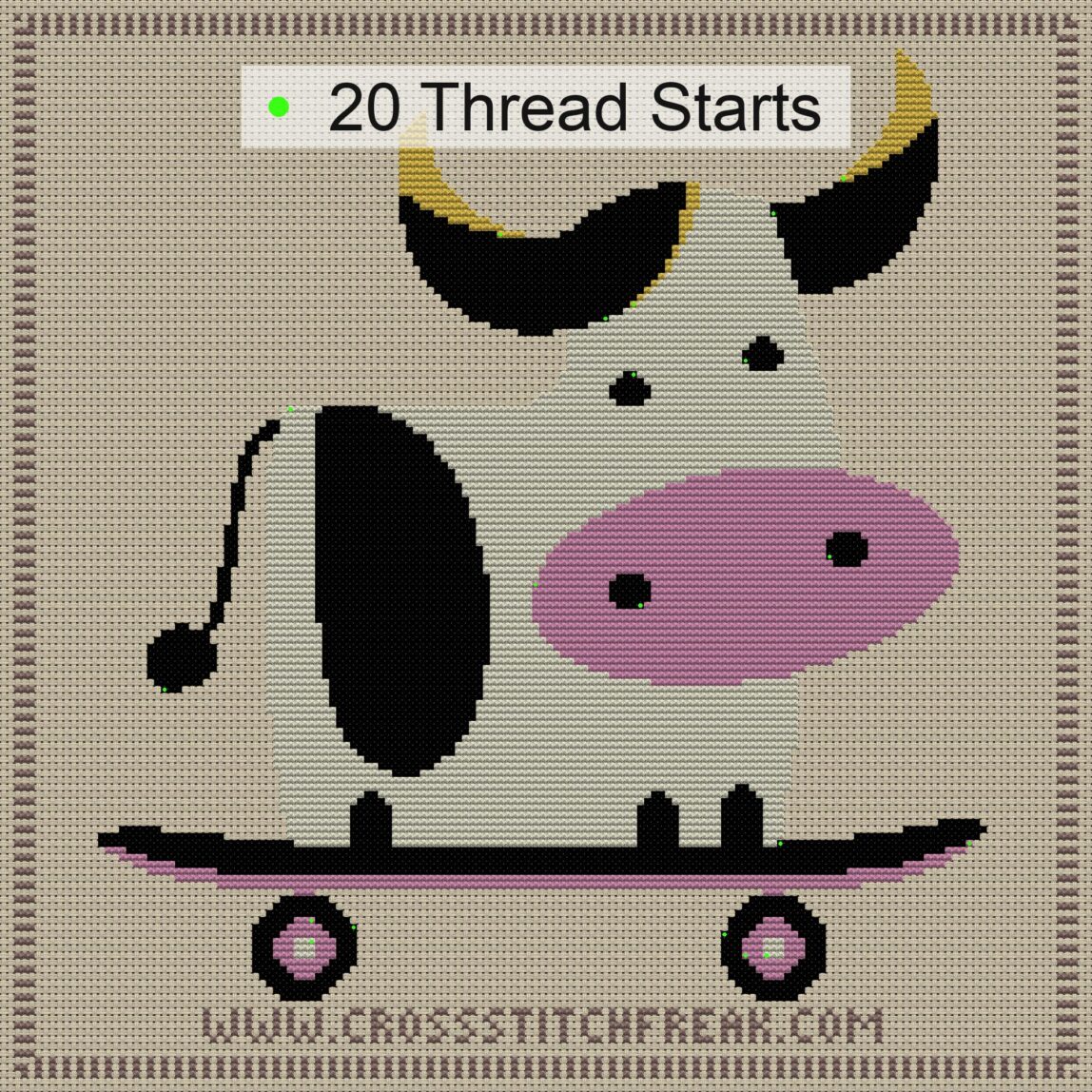born-to-skate cross stitch start point map with highlighted thread start positions in the full design