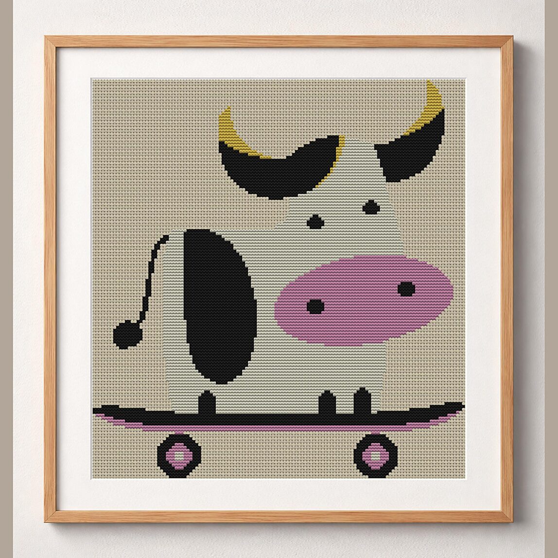 born-to-skate framed cross stitch mockup, realistic finished embroidery design, PDF pattern digital download