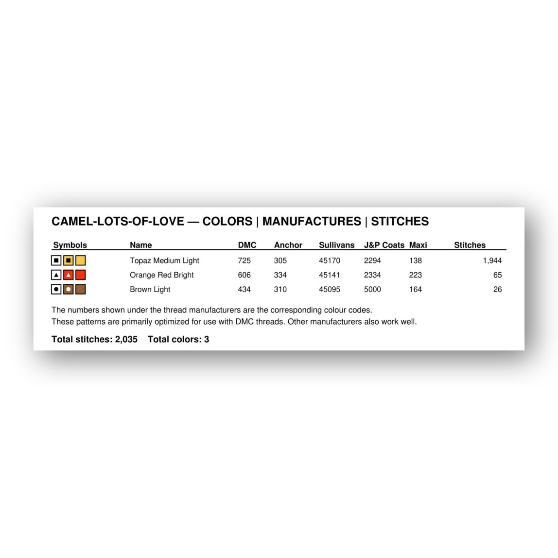 Camel-lots-of-love thread color chart with DMC, Anchor, Sullivans, J&P Coats and Maxi color references