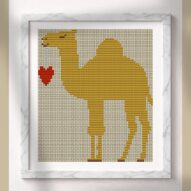 Camel-lots-of-love alternative framed cross stitch mockup, realistic finished embroidery presentation