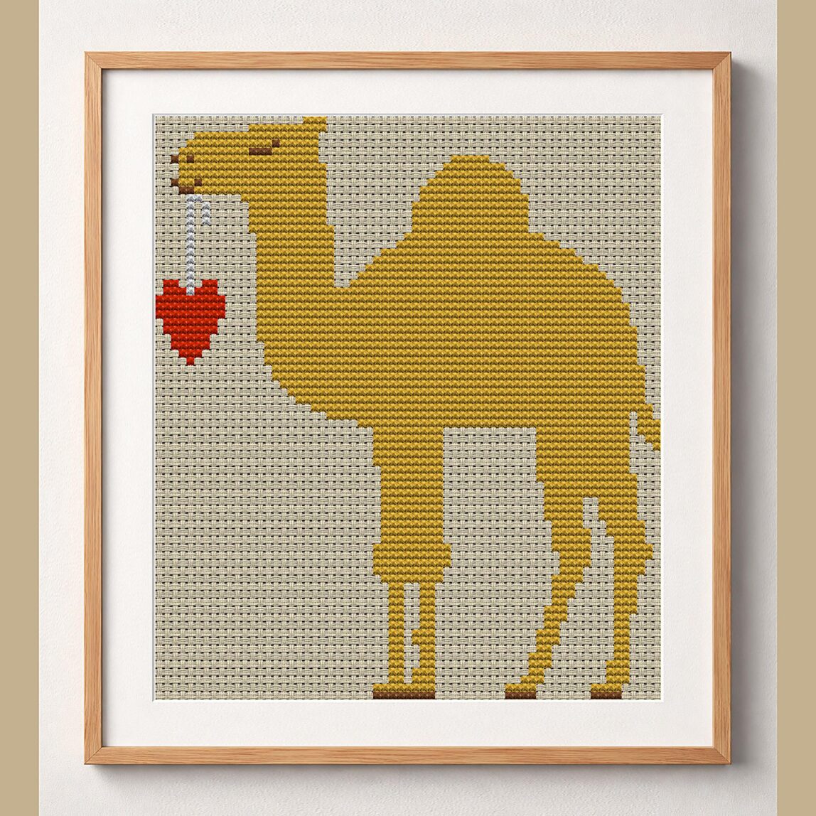 Camel-lots-of-love framed cross stitch mockup, realistic finished embroidery design, PDF pattern digital download