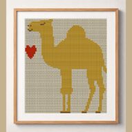 Camel-lots-of-love framed cross stitch mockup, realistic finished embroidery design, PDF pattern digital download