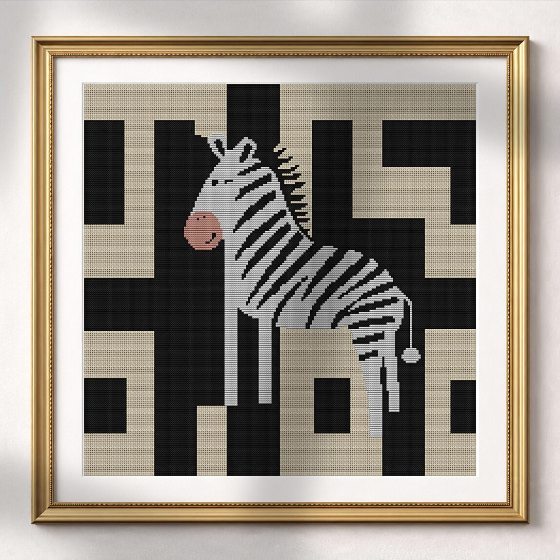 digital-zebra-cave-art alternative framed cross stitch mockup, realistic finished embroidery presentation