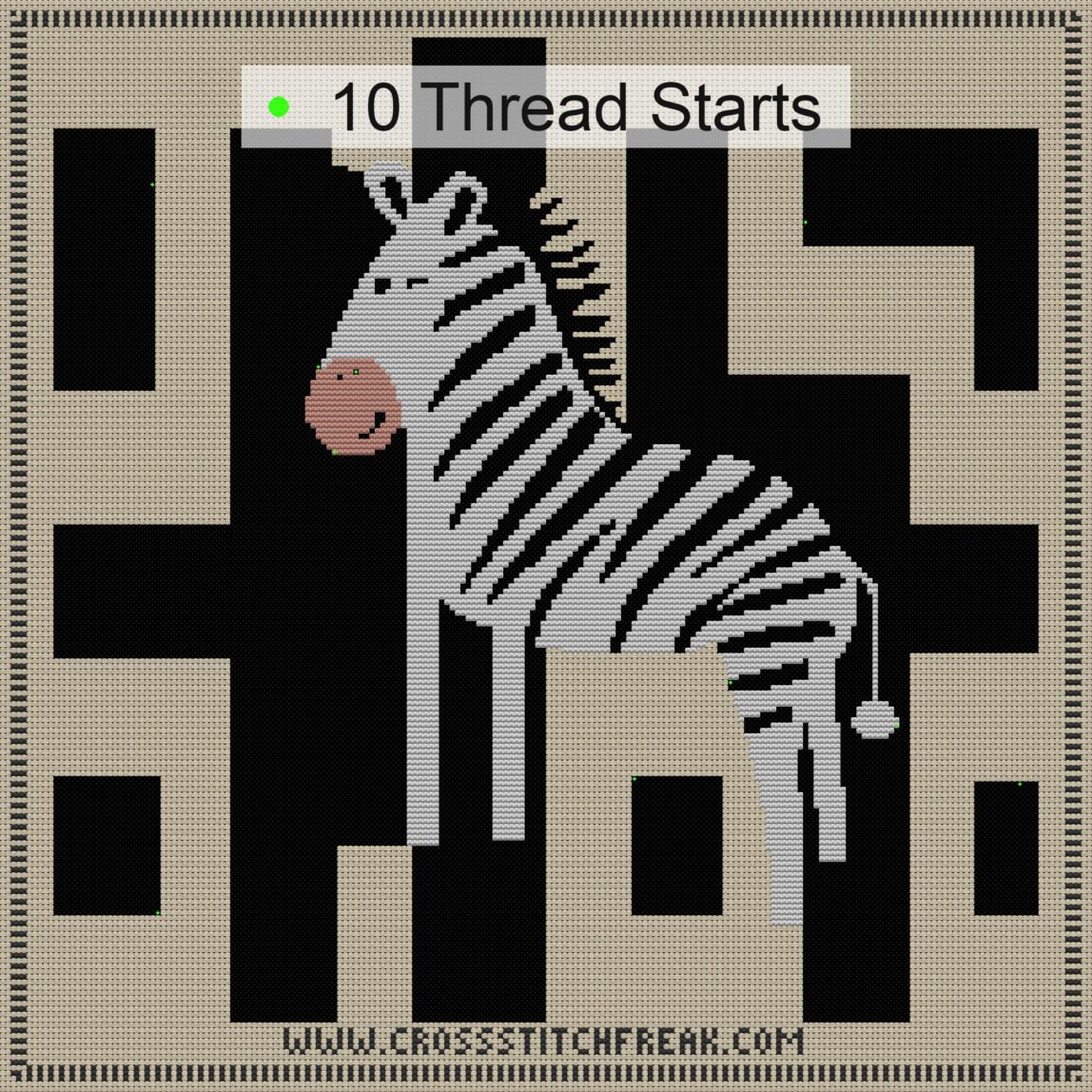 digital-zebra-cave-art cross stitch start point map with highlighted thread start positions in the full design