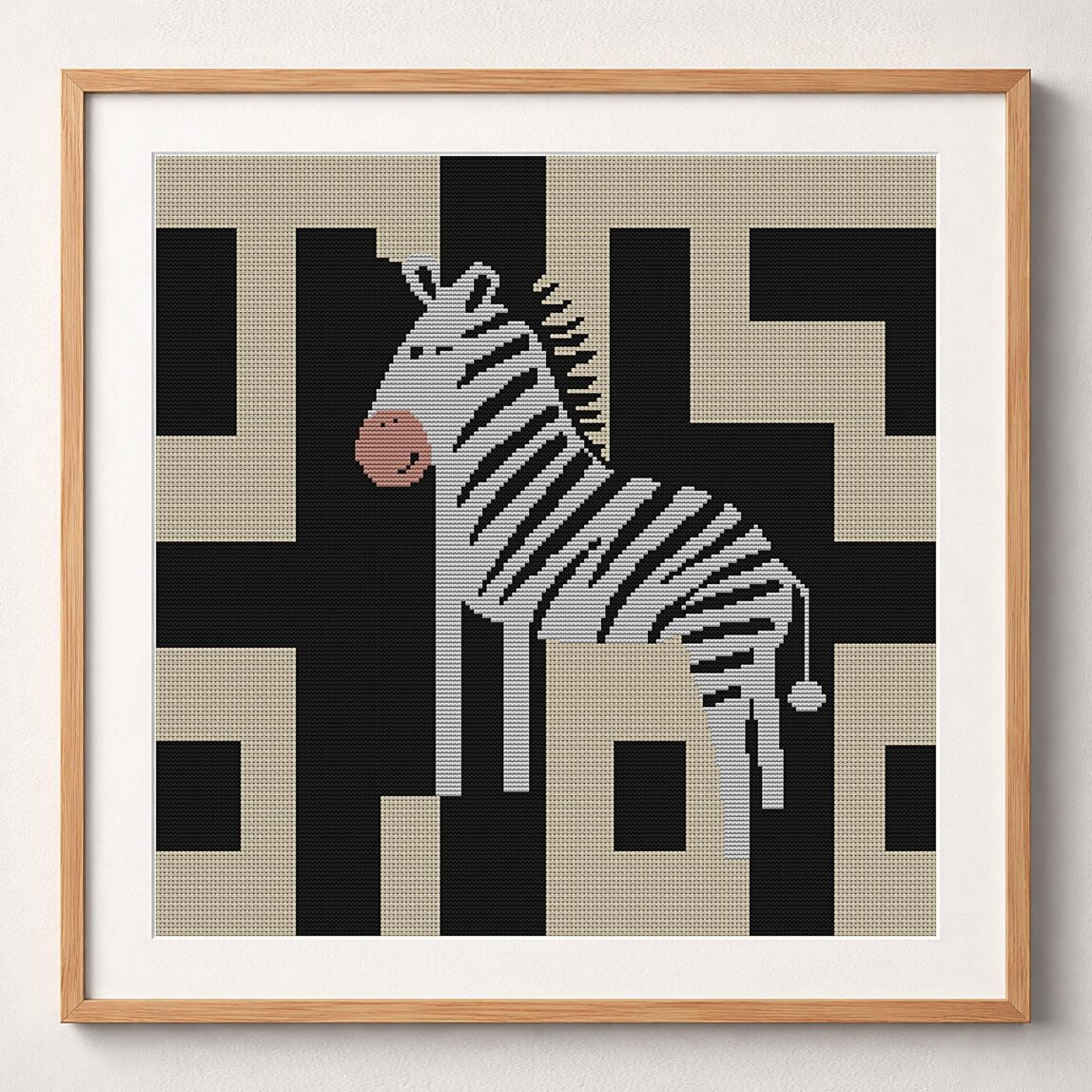 digital-zebra-cave-art framed cross stitch mockup, realistic finished embroidery design, PDF pattern digital download