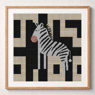 digital-zebra-cave-art framed cross stitch mockup, realistic finished embroidery design, PDF pattern digital download