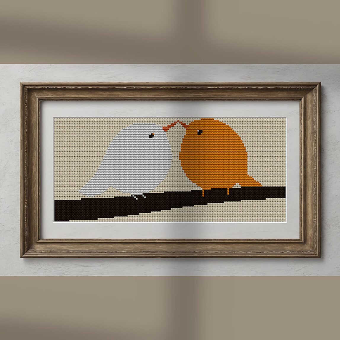 round-little-friends alternative framed cross stitch mockup, realistic finished embroidery presentation