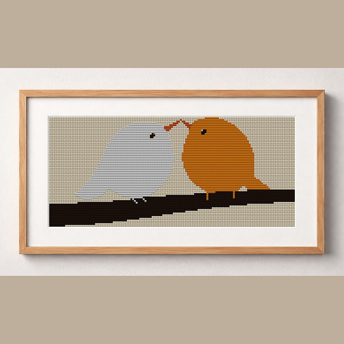 round-little-friends framed cross stitch mockup, realistic finished embroidery design, PDF pattern digital download