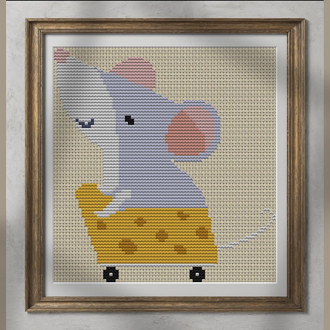 you-are-what-you-eat alternative framed cross stitch mockup, realistic finished embroidery presentation