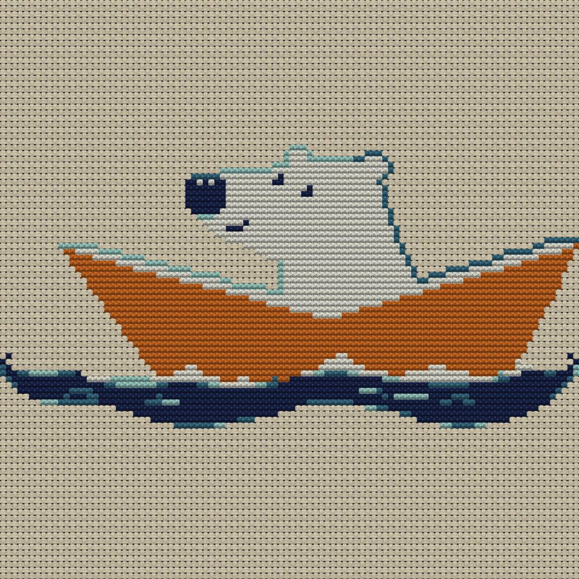 paper-boat-adventures full cross stitch design mockup without frame, realistic embroidery preview