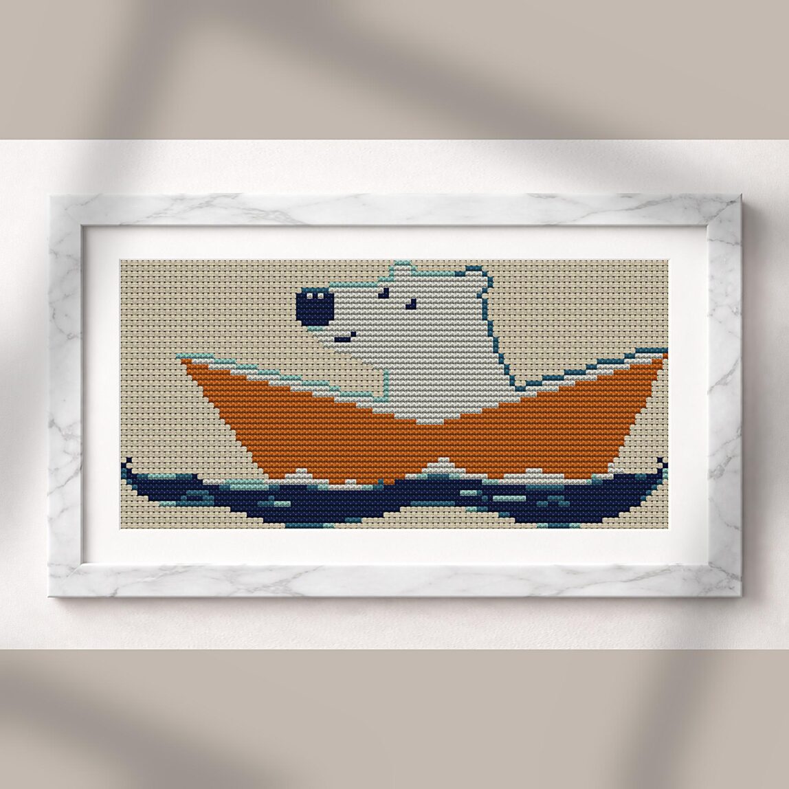 paper-boat-adventures alternative framed cross stitch mockup, realistic finished embroidery presentation