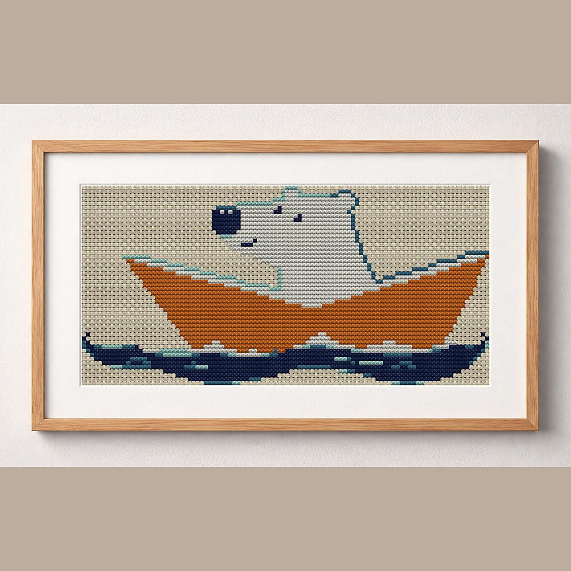 paper-boat-adventures framed cross stitch mockup, realistic finished embroidery design, PDF pattern digital download
