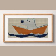 paper-boat-adventures framed cross stitch mockup, realistic finished embroidery design, PDF pattern digital download