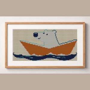 paper-boat-adventures framed cross stitch mockup, realistic finished embroidery design, PDF pattern digital download