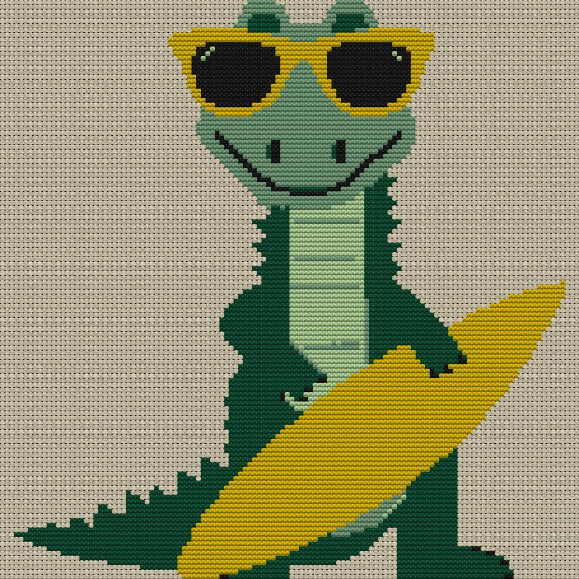 surf-now-snap-later-allig full cross stitch design mockup without frame, realistic embroidery preview